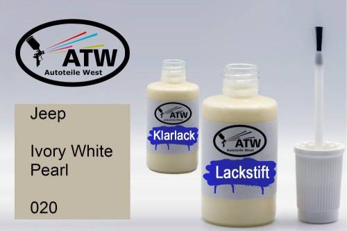 Jeep, Ivory White Pearl, 020: 20ml Lackstift + 20ml Klarlack - Set, von ATW Autoteile West.